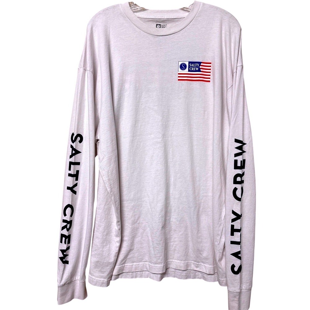 Salty‎ Crew Long Sleeve T-Shirt Mens XXL White American Flag Refuge In The Sea